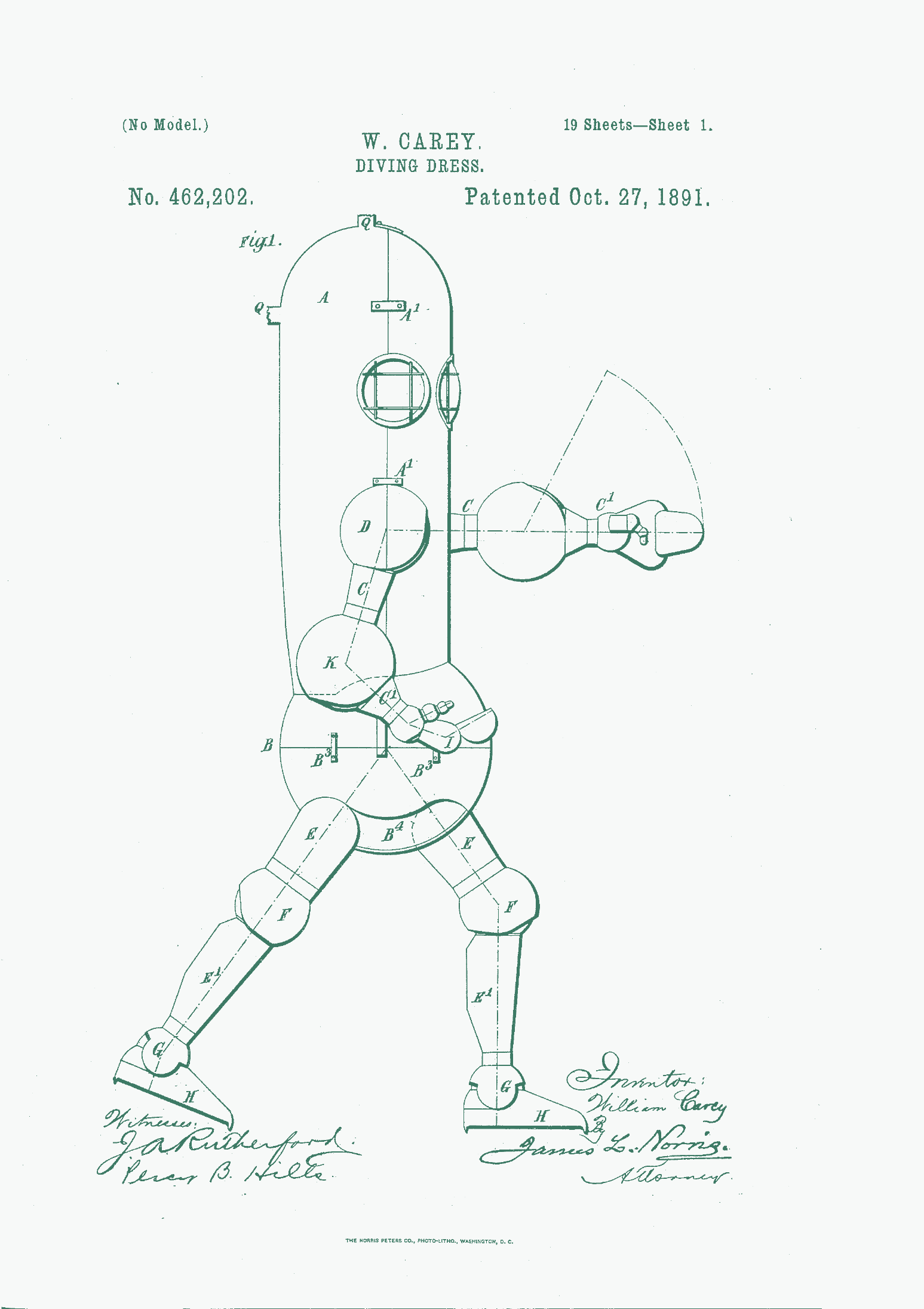 Patent drawing — Diving Dress, 1891